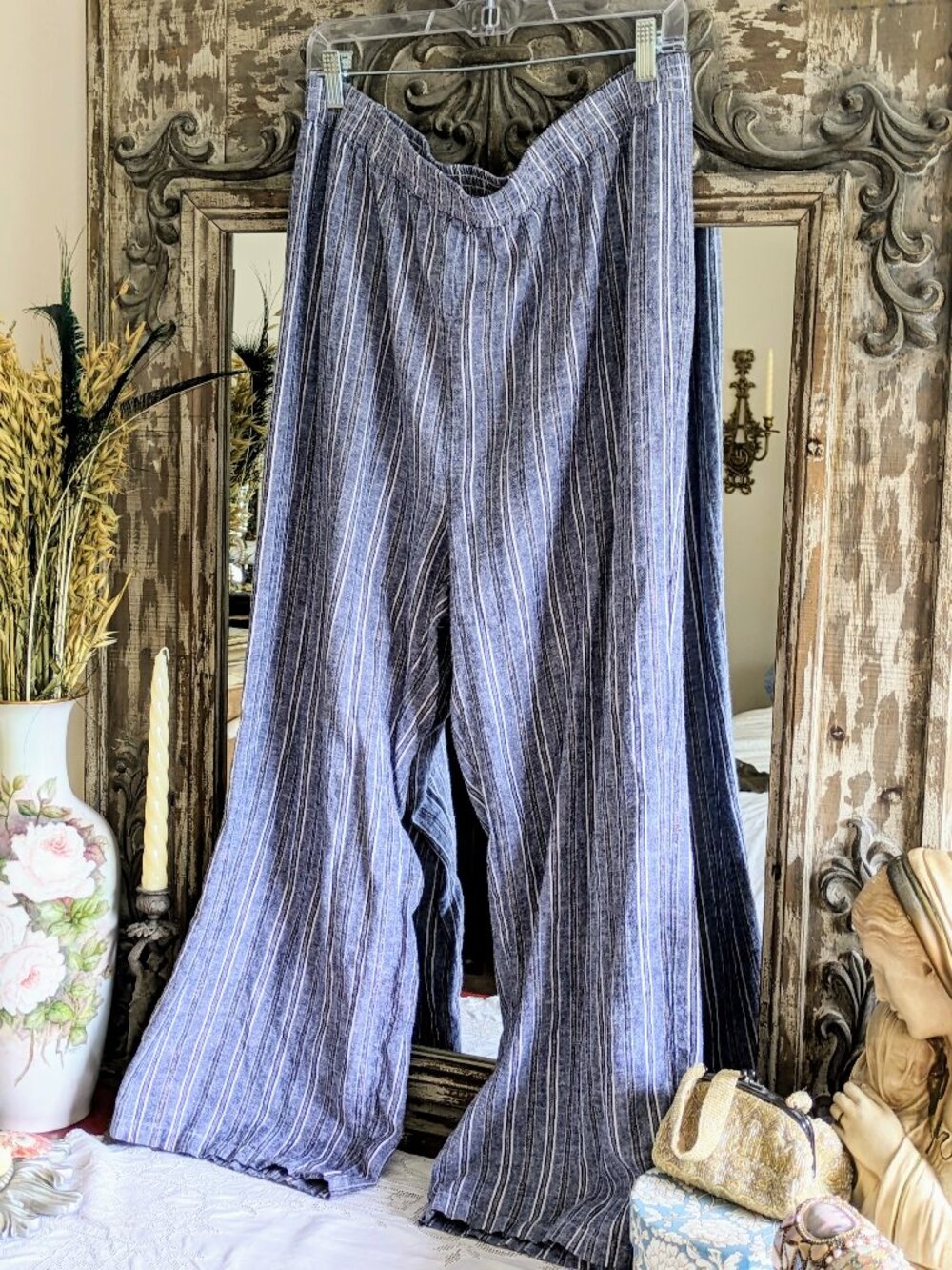 Linda Anderson XL Black Grey Gold Metal Stripe Linen Blend Coastal Grandma Pants